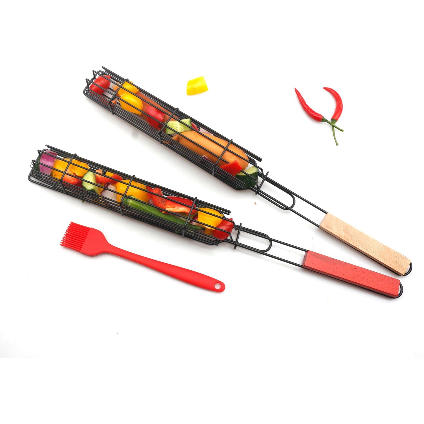 Mesh Wooden Handle Sausage Clip Barbecue BBQ Tool Rack