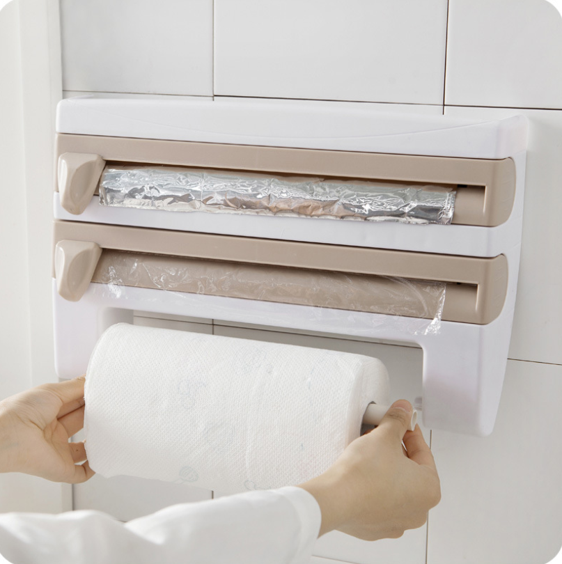Multifunction Wall-Mount Cling Film Storage Wrap Cutter Rack Paper Holder