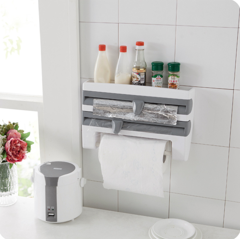 Multifunction Wall-Mount Cling Film Storage Wrap Cutter Rack Paper Holder