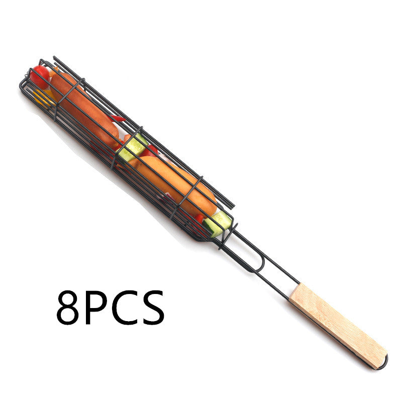 Mesh Wooden Handle Sausage Clip Barbecue BBQ Tool Rack