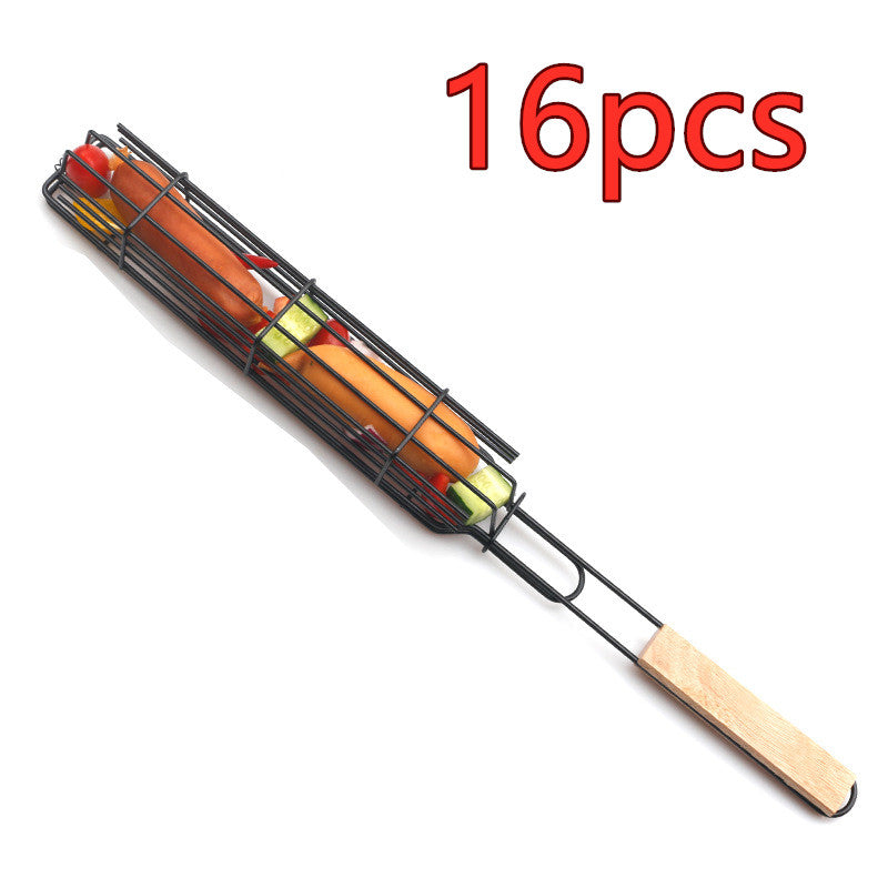 Mesh Wooden Handle Sausage Clip Barbecue BBQ Tool Rack