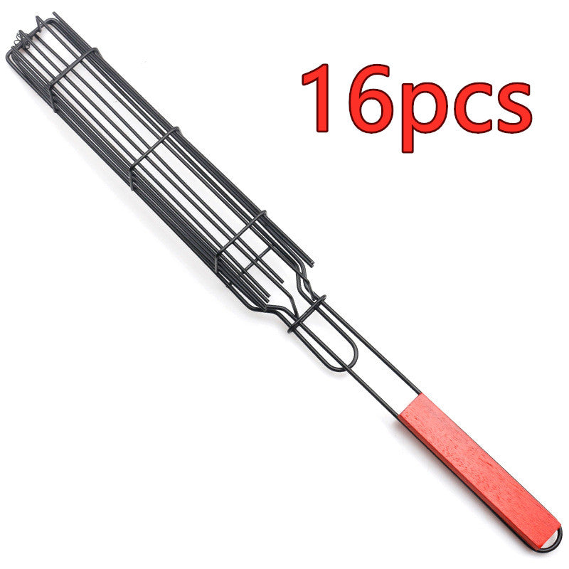 Mesh Wooden Handle Sausage Clip Barbecue BBQ Tool Rack