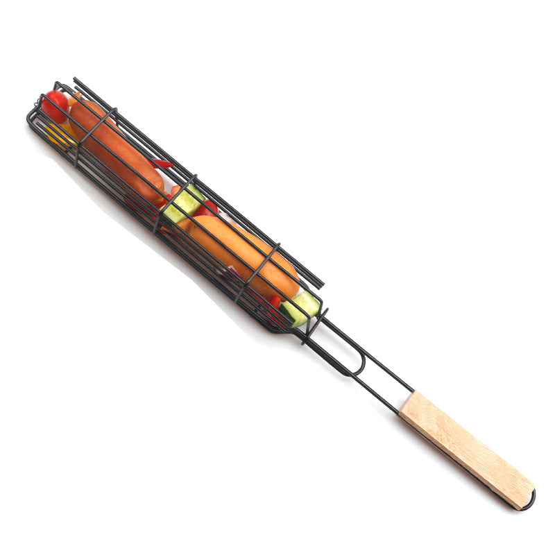 Mesh Wooden Handle Sausage Clip Barbecue BBQ Tool Rack
