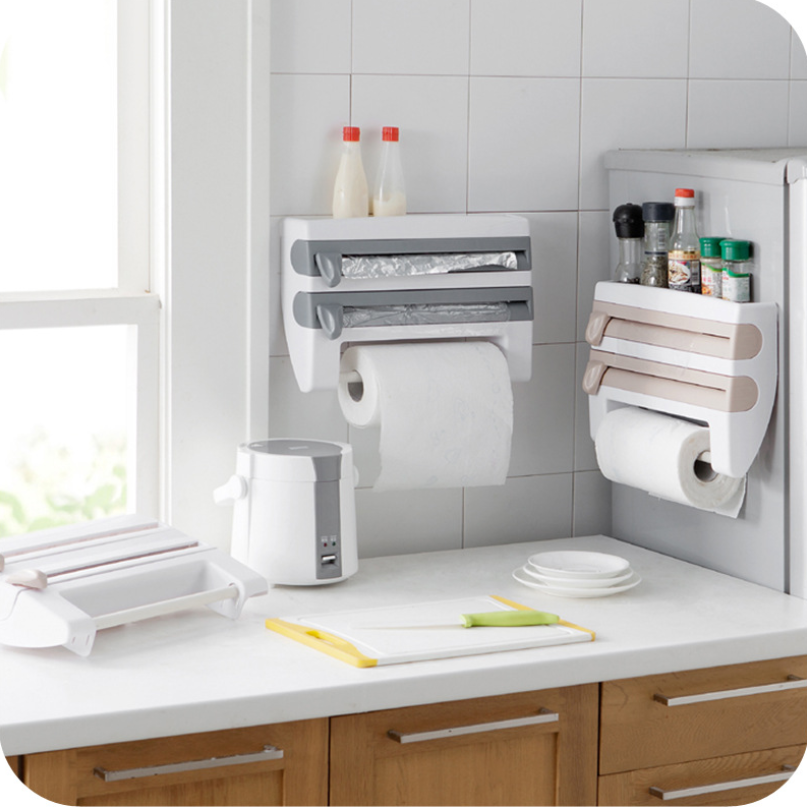 Multifunction Wall-Mount Cling Film Storage Wrap Cutter Rack Paper Holder