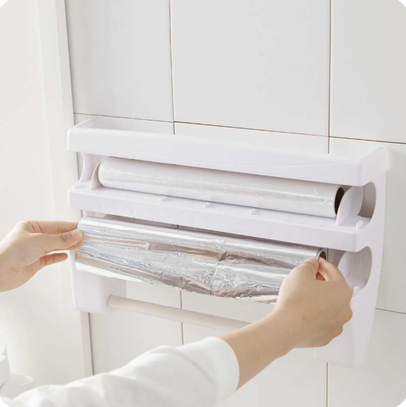 Multifunction Wall-Mount Cling Film Storage Wrap Cutter Rack Paper Holder
