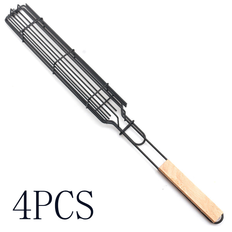 Mesh Wooden Handle Sausage Clip Barbecue BBQ Tool Rack