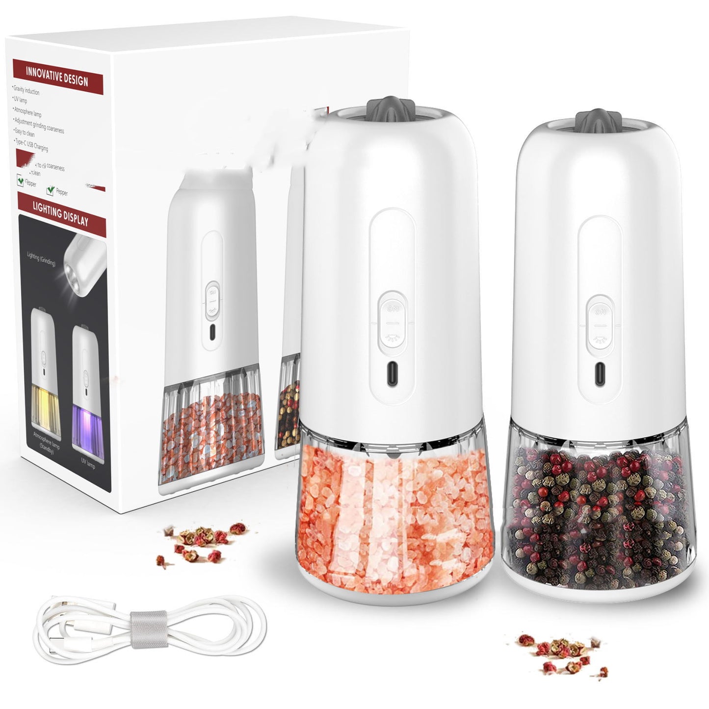 Gravity Salt And Pepper Electric Grinder Adjustable Coarseness With LED Light